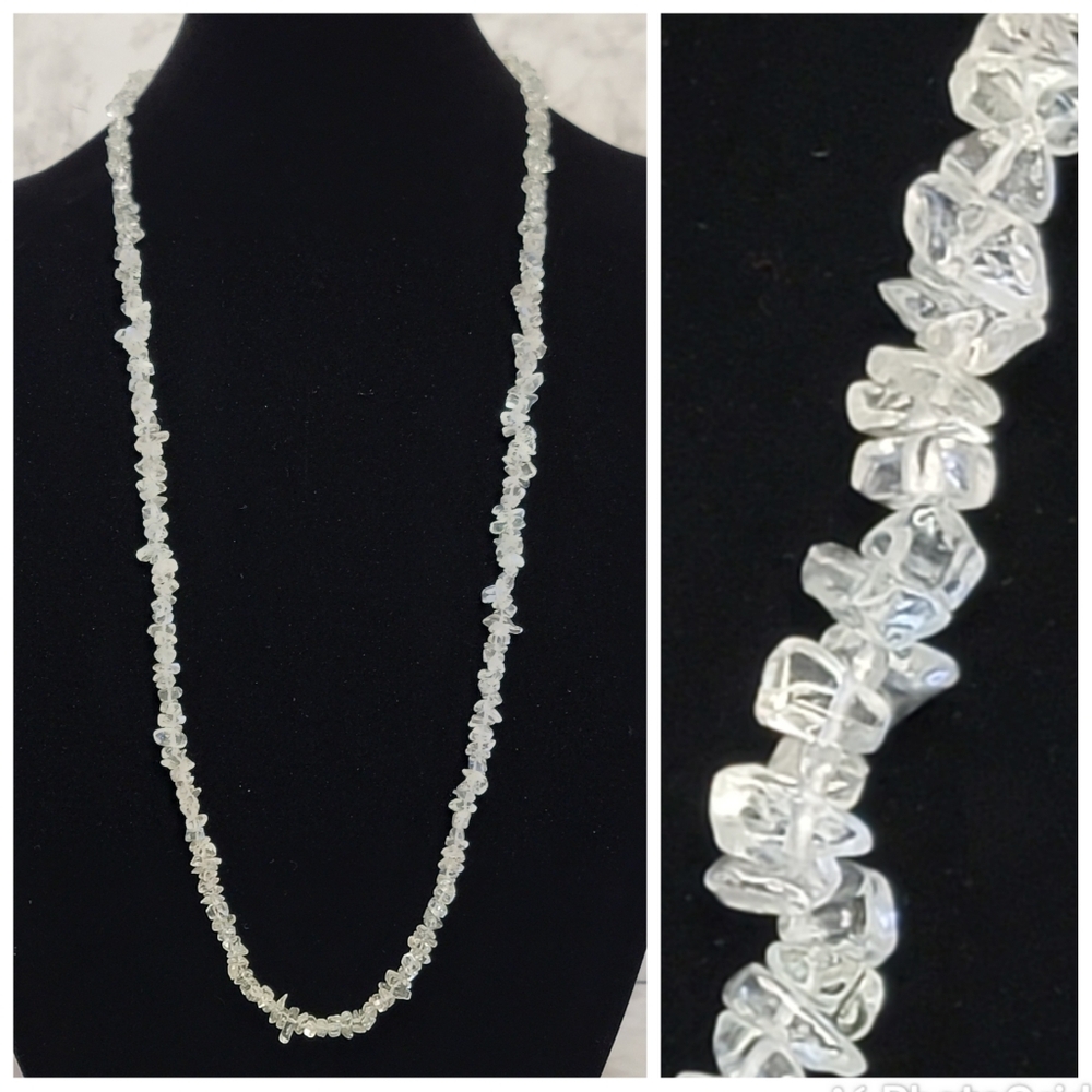 Clear Nugget Chip Beaded Necklace 34" Glass Beads Boho Tribal Southwestern‎ Gift